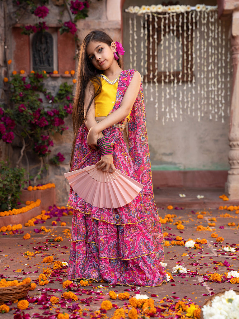 2-Piece Yellow & Magenta Chiffon Lehenga And Dupion Choli With Belt