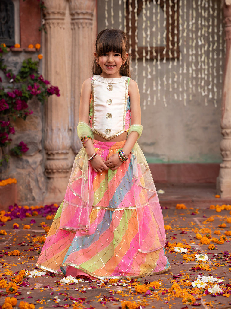 3-Piece Multicolor Georgette Lehenga, Choli And Dupatta