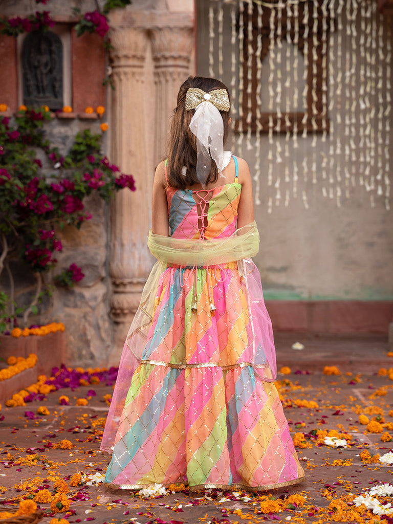 3-Piece Multicolor Georgette Lehenga, Choli And Dupatta