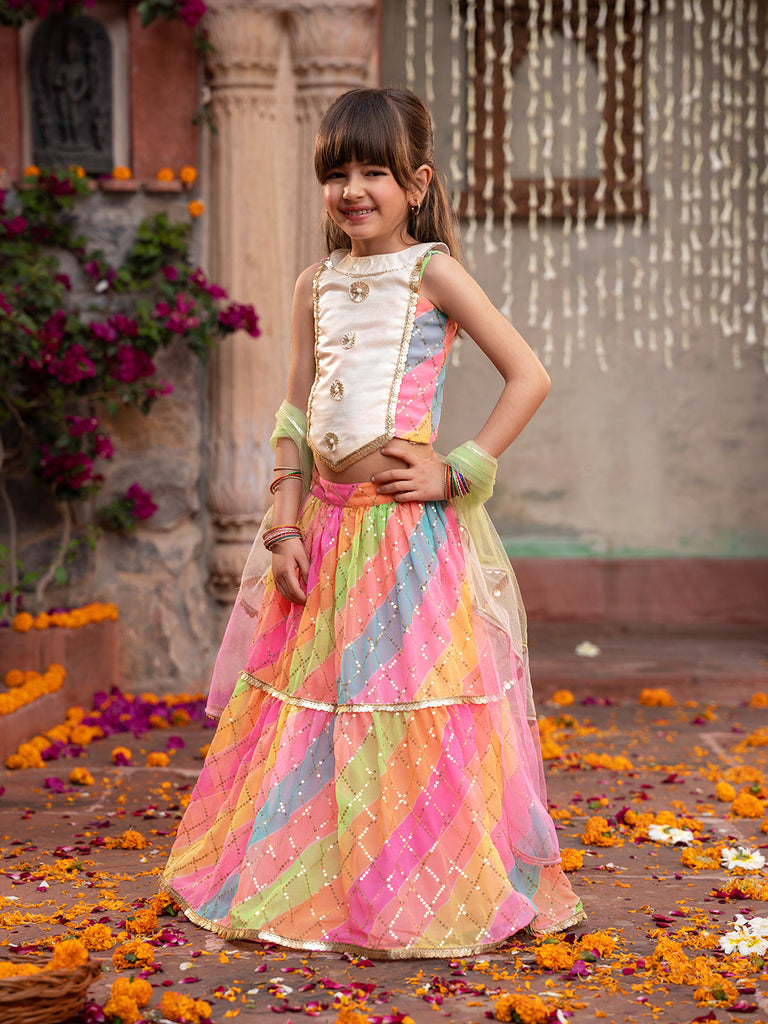 3-Piece Multicolor Georgette Lehenga, Choli And Dupatta