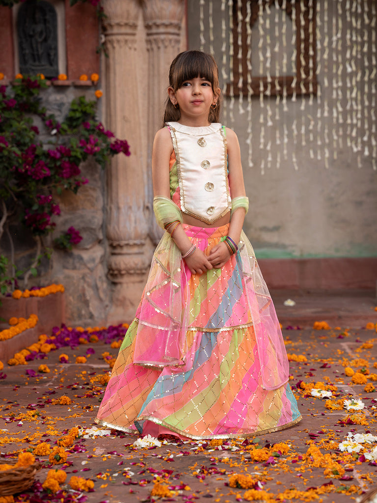 3-Piece Multicolor Georgette Lehenga, Choli And Dupatta