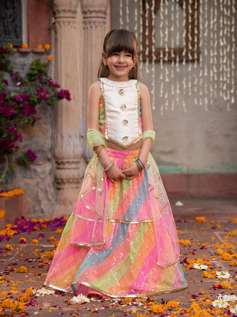 3-Piece Multicolor Georgette Lehenga, Choli And Dupatta