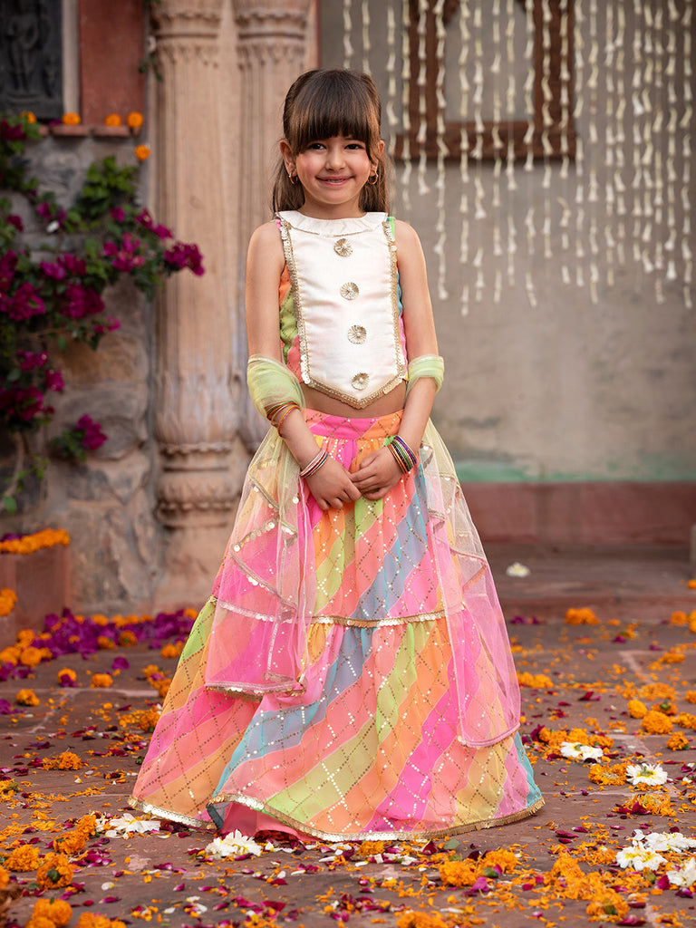 3-Piece Multicolor Georgette Lehenga, Choli And Dupatta