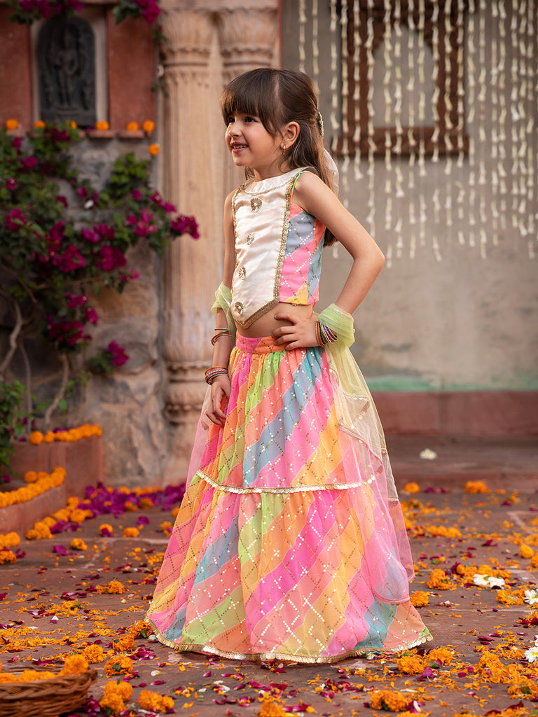 3-Piece Multicolor Georgette Lehenga, Choli And Dupatta