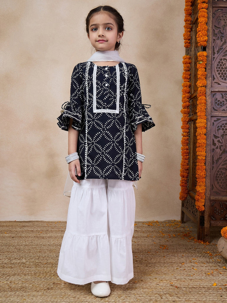 Girls Ethnic Motifs Printed Flared Sleeves Straight Kurta With Sharara Dupatta (SHA-BLACKPRINT)