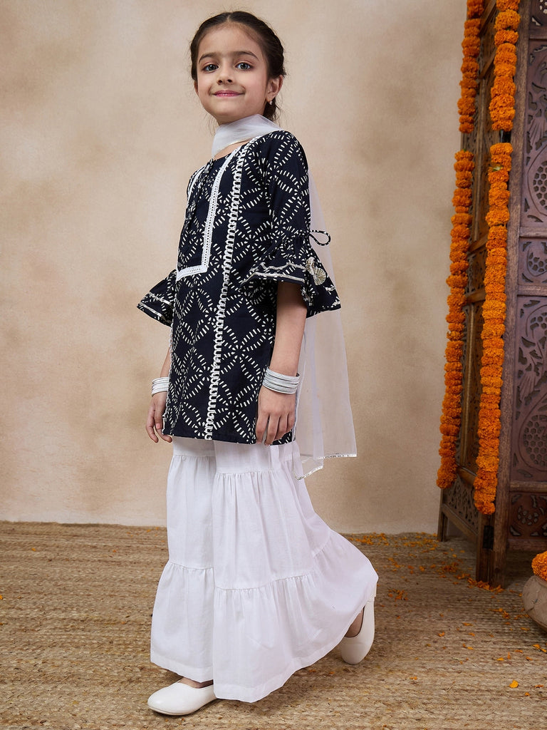 Girls Ethnic Motifs Printed Flared Sleeves Straight Kurta With Sharara Dupatta (SHA-BLACKPRINT)