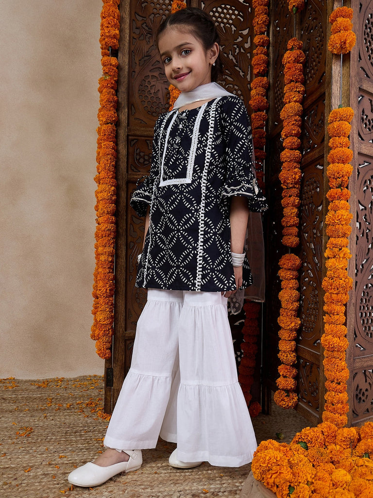 Girls Ethnic Motifs Printed Flared Sleeves Straight Kurta With Sharara Dupatta (SHA-BLACKPRINT)