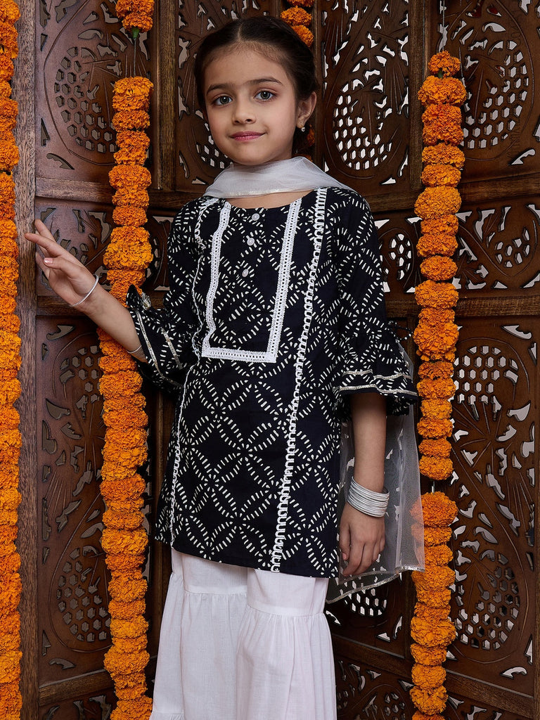 Girls Ethnic Motifs Printed Flared Sleeves Straight Kurta With Sharara Dupatta (SHA-BLACKPRINT)