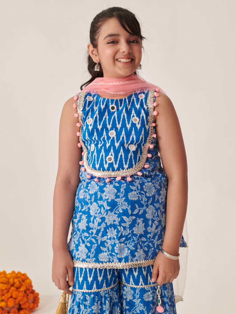 Girls Printed Regular Gotta Patti Kurta With Sharara With Dupatta (SHA-BLUEMIRRORYOKE)