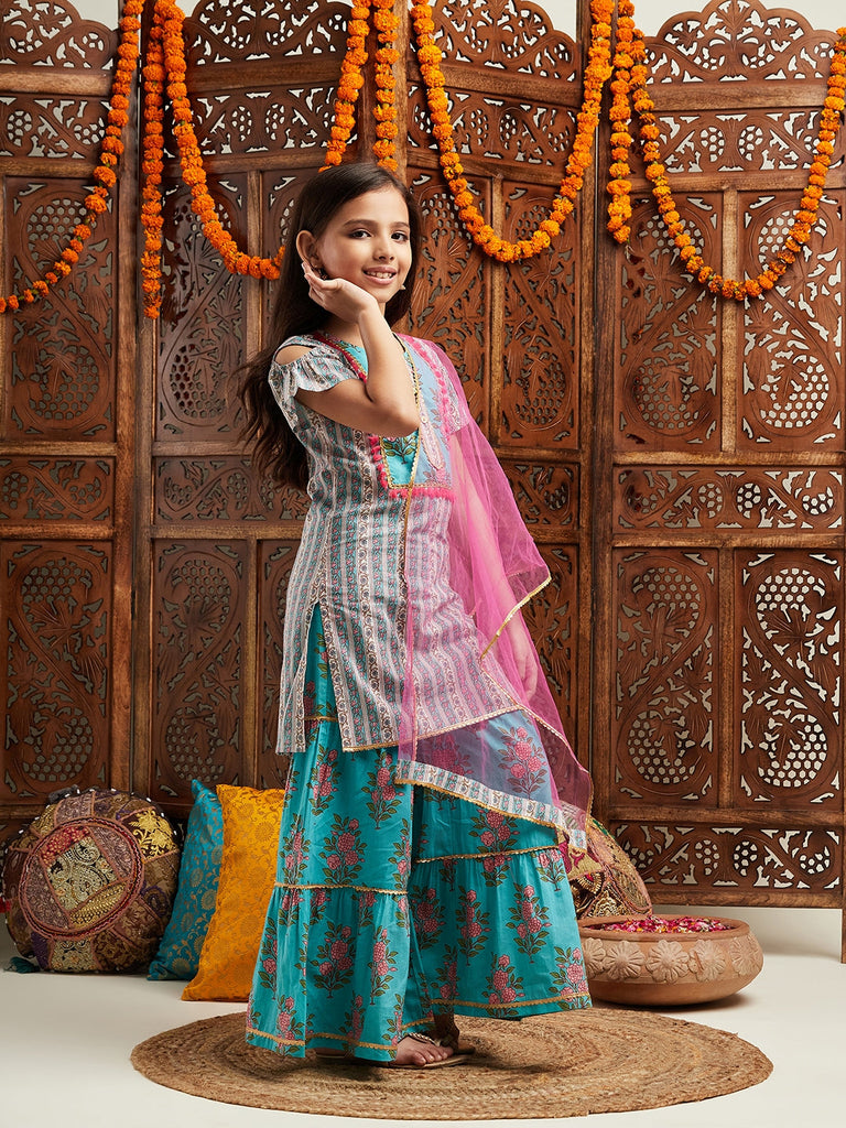 Pspeaches Girls Floral Printed Regular Kurta with Sharara & With Dupatta (SHA-BLUEPINKBOOTA)