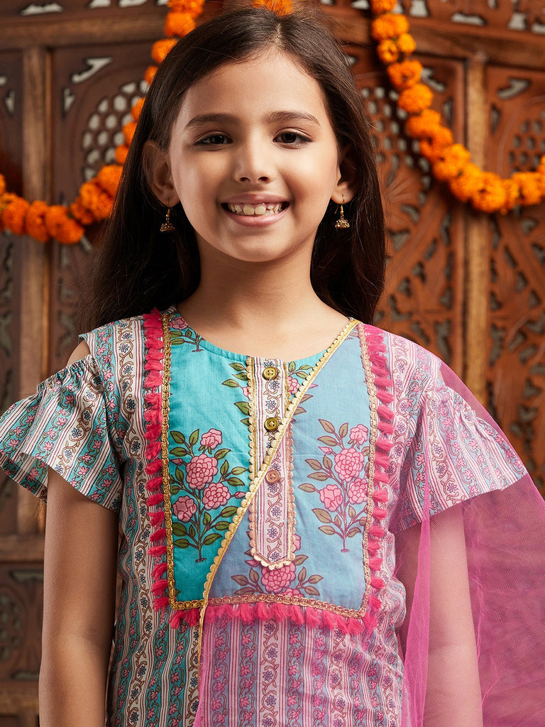 Pspeaches Girls Floral Printed Regular Kurta with Sharara & With Dupatta (SHA-BLUEPINKBOOTA)