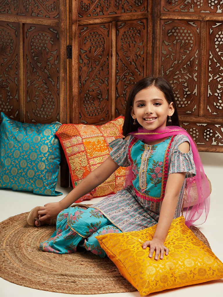 Pspeaches Girls Floral Printed Regular Kurta with Sharara & With Dupatta (SHA-BLUEPINKBOOTA)