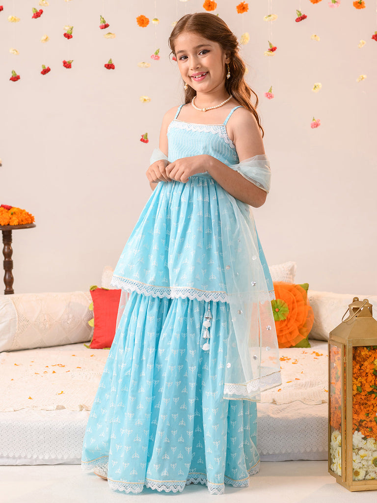 Girls Ethnic Motifs Printed Pure Cotton A-line Kurta With Sharara & Dupatta (SHA-BLUEWHITEKHADDI)