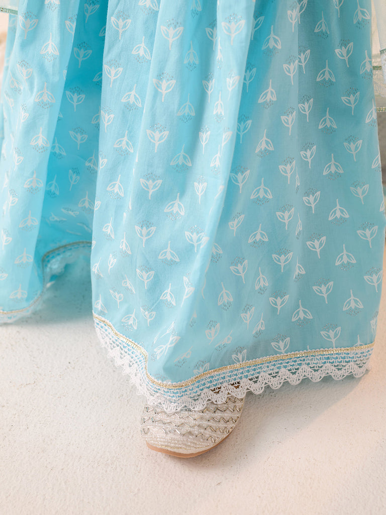 Girls Ethnic Motifs Printed Pure Cotton A-line Kurta With Sharara & Dupatta (SHA-BLUEWHITEKHADDI)