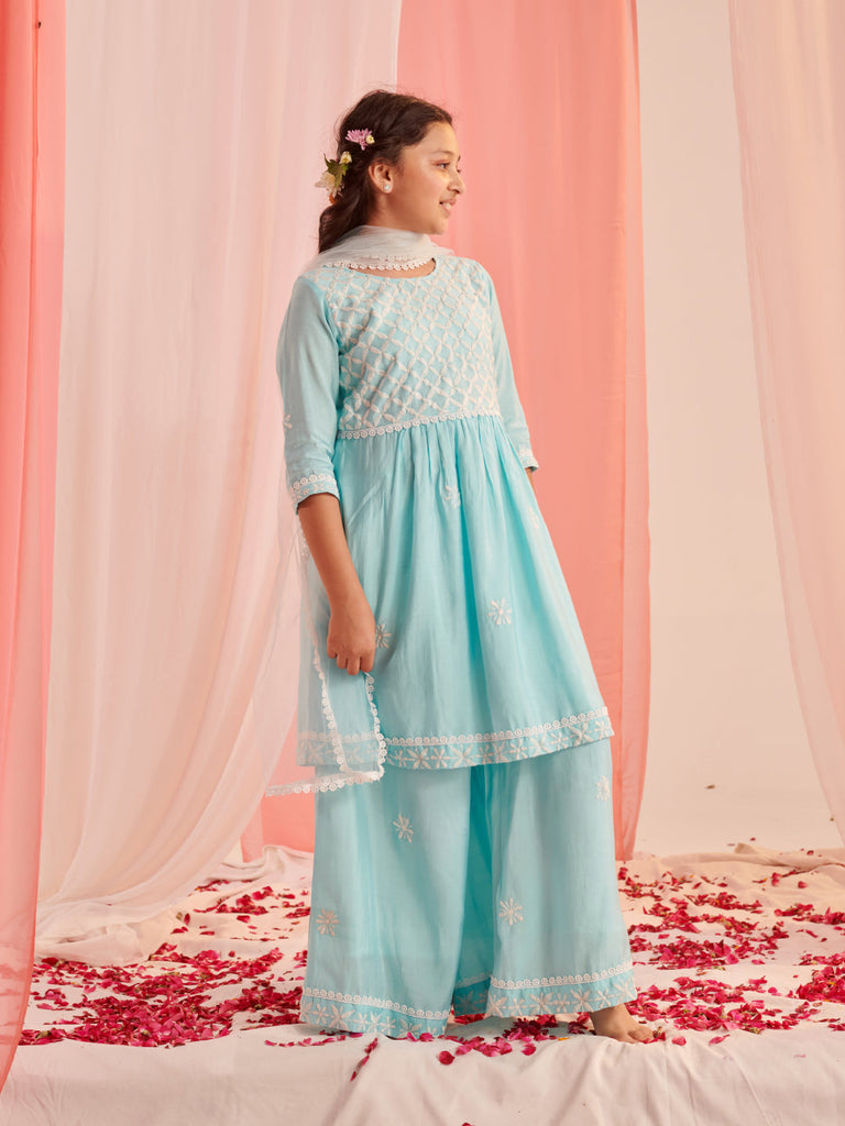 Girls Ethnic Motifs Embroidered Regular Thread Work Kurta With Sharara With Dupatta (SHA-FIROZICHIKANKARI)