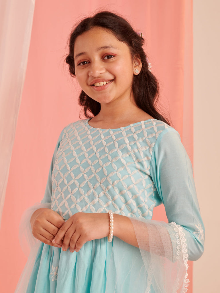 Girls Ethnic Motifs Embroidered Regular Thread Work Kurta With Sharara With Dupatta (SHA-FIROZICHIKANKARI)