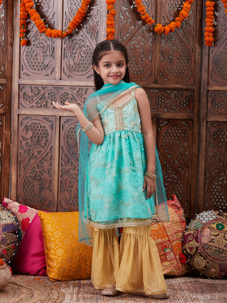 Pspeaches Girls Ethnic Motifs Embroidered Gotta Patti Anarkali Kurta & Sharara With Dupatta (SHA-FIROZINET)