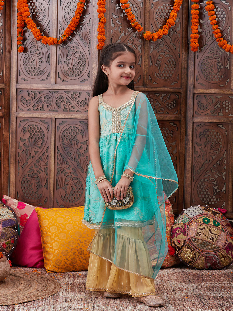 Pspeaches Girls Ethnic Motifs Embroidered Gotta Patti Anarkali Kurta & Sharara With Dupatta (SHA-FIROZINET)