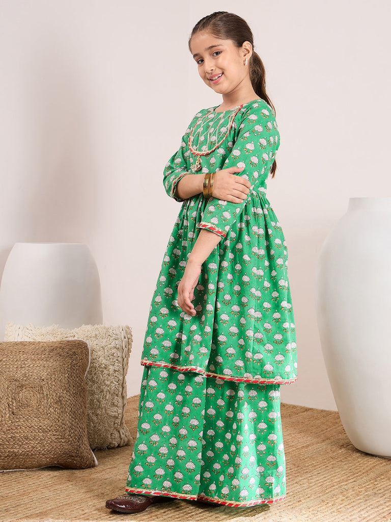 Girls Ethnic Motifs Printed Empire Gotta Patti Kurta with Sharara (SHA-GREENBOOTI)