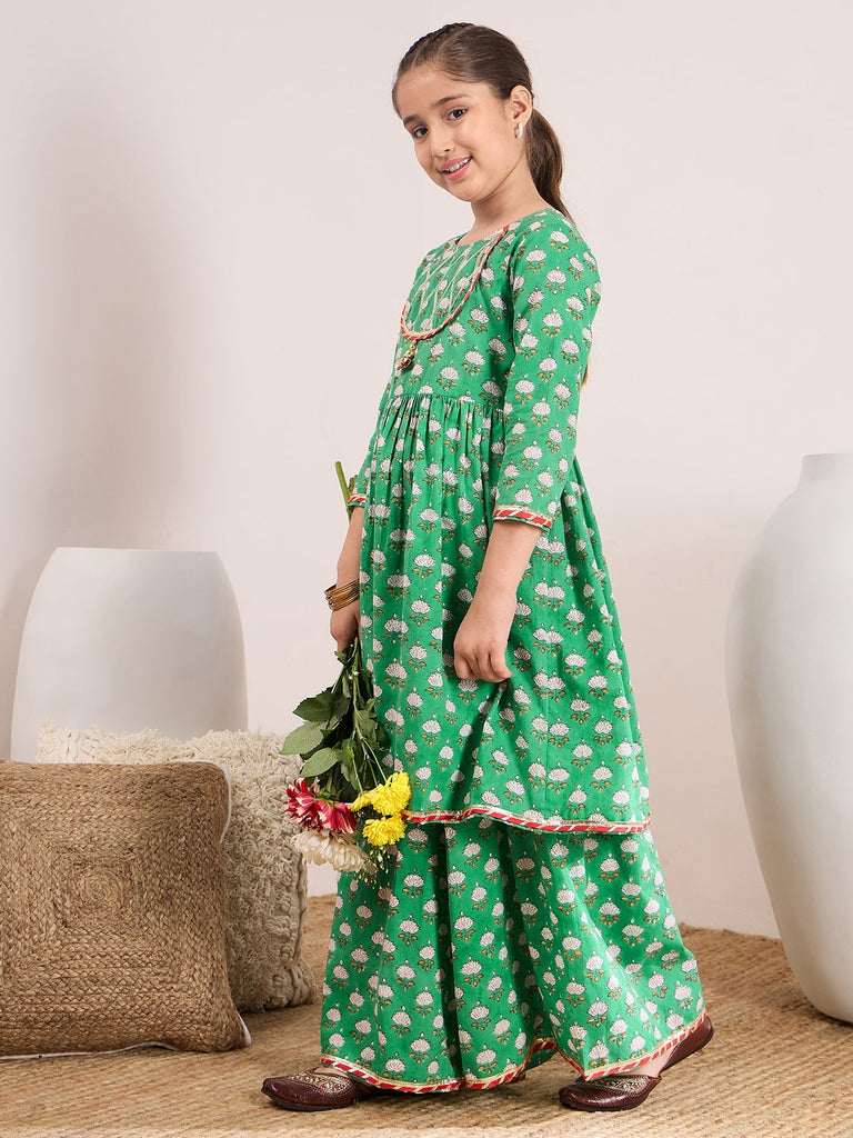 Girls Ethnic Motifs Printed Empire Gotta Patti Kurta with Sharara (SHA-GREENBOOTI)