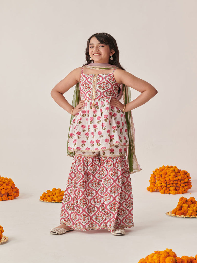 Girls Floral Printed Regular Mirror Work Kurta With Sharara & With Dupatta (SHA-JAALBOOTI)