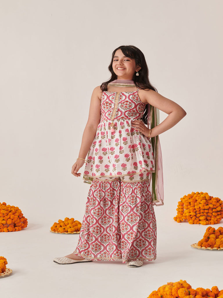 Girls Floral Printed Regular Mirror Work Kurta With Sharara & With Dupatta (SHA-JAALBOOTI)