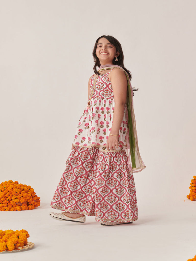 Girls Floral Printed Regular Mirror Work Kurta With Sharara & With Dupatta (SHA-JAALBOOTI)