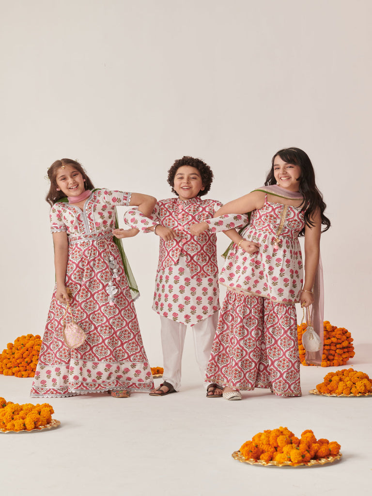 Girls Floral Printed Regular Mirror Work Kurta With Sharara & With Dupatta (SHA-JAALBOOTI)