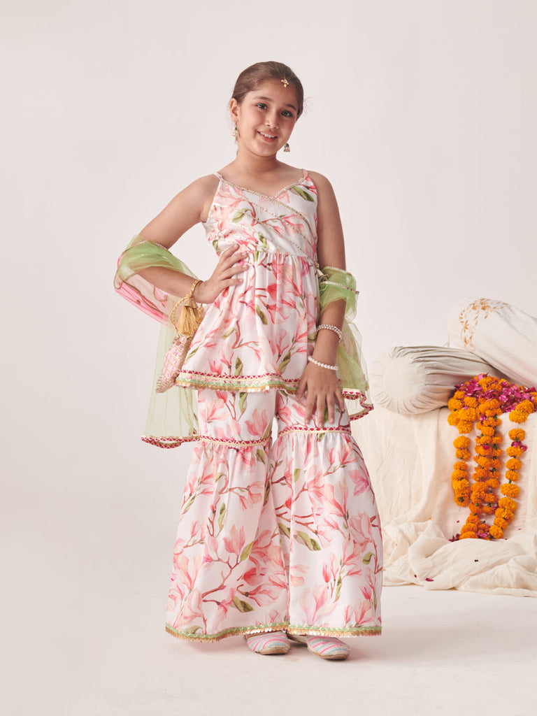 Girls Floral Printed Regular Kurta With Sharara & With Dupatta (SHA-JAALFLAX)