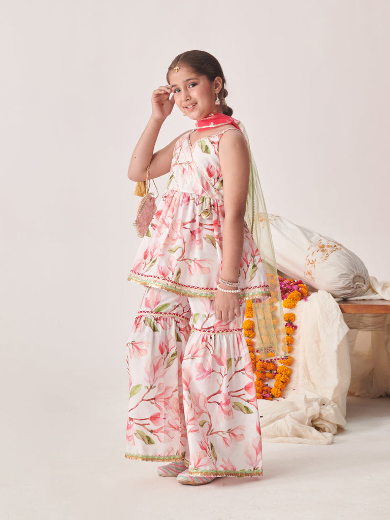 Girls Floral Printed Regular Kurta With Sharara & With Dupatta (SHA-JAALFLAX)