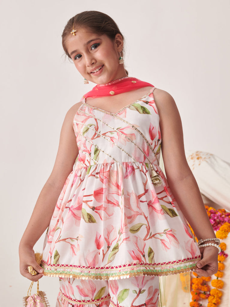 Girls Floral Printed Regular Kurta With Sharara & With Dupatta (SHA-JAALFLAX)