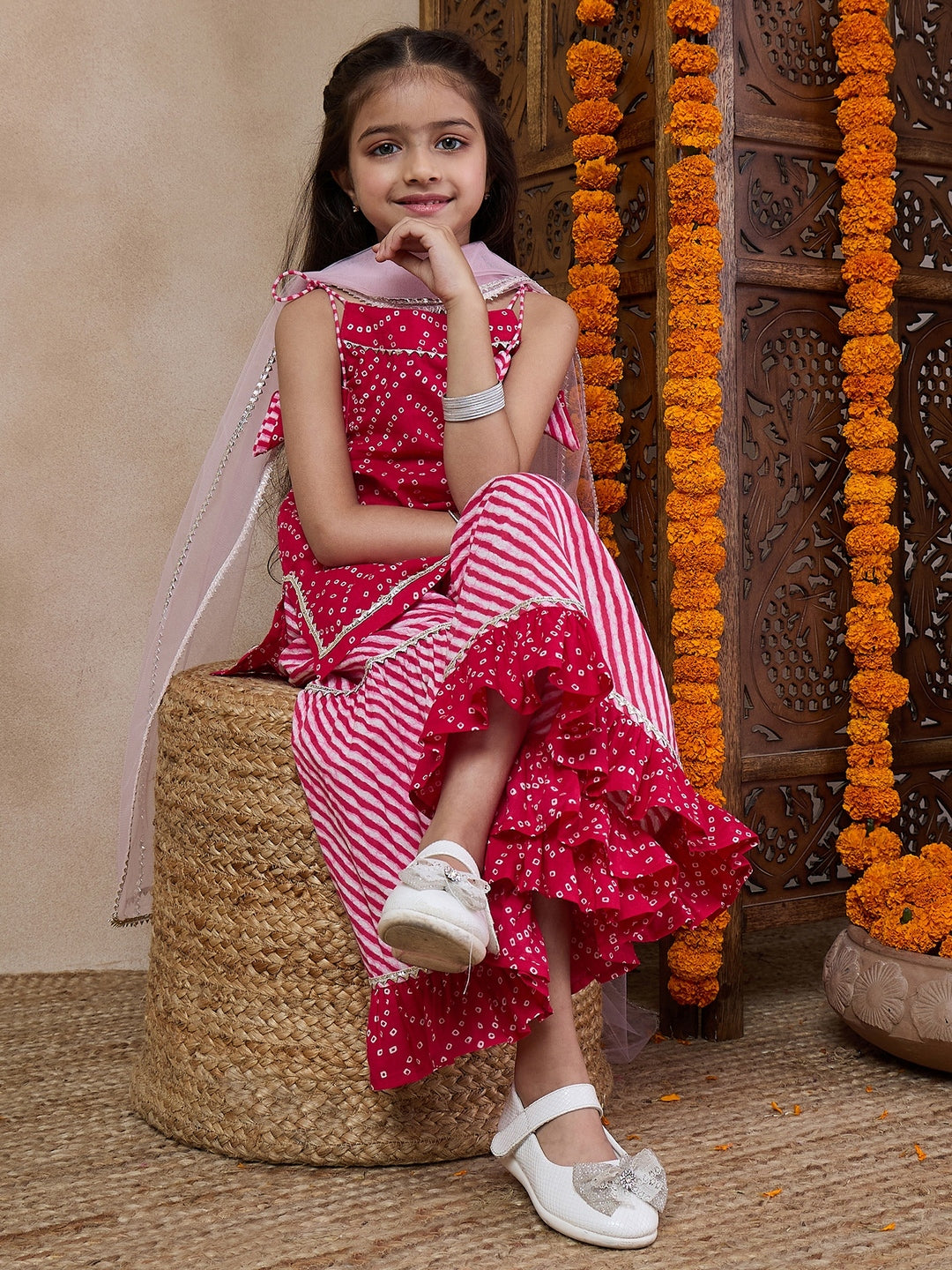 Girls Bandhani Printed Gotta Patti Straight Kurti With Sharara Dupatta (SHA-MAGENTADOT)