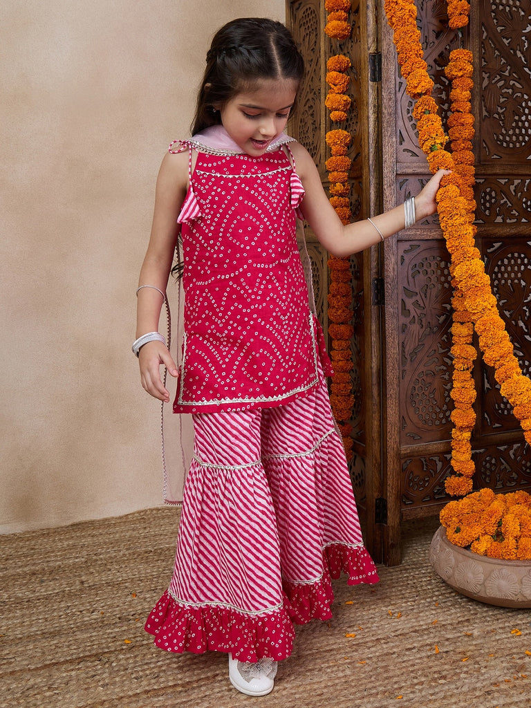 Girls Bandhani Printed Gotta Patti Straight Kurti With Sharara Dupatta (SHA-MAGENTADOT)