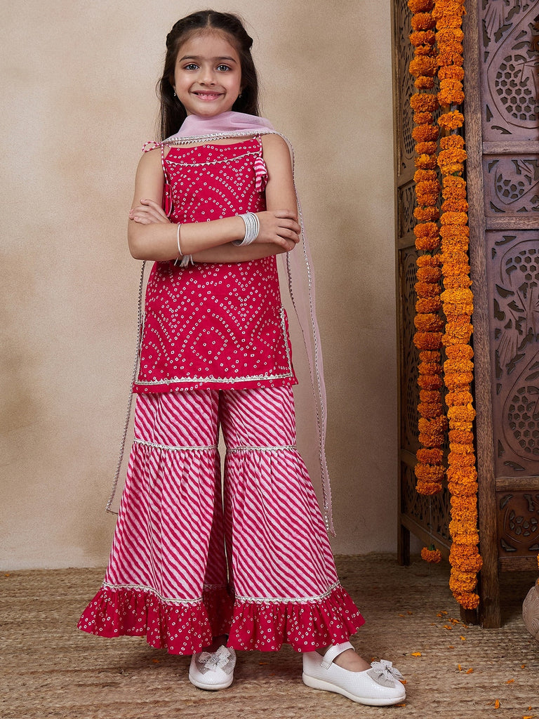 Girls Bandhani Printed Gotta Patti Straight Kurti With Sharara Dupatta (SHA-MAGENTADOT)