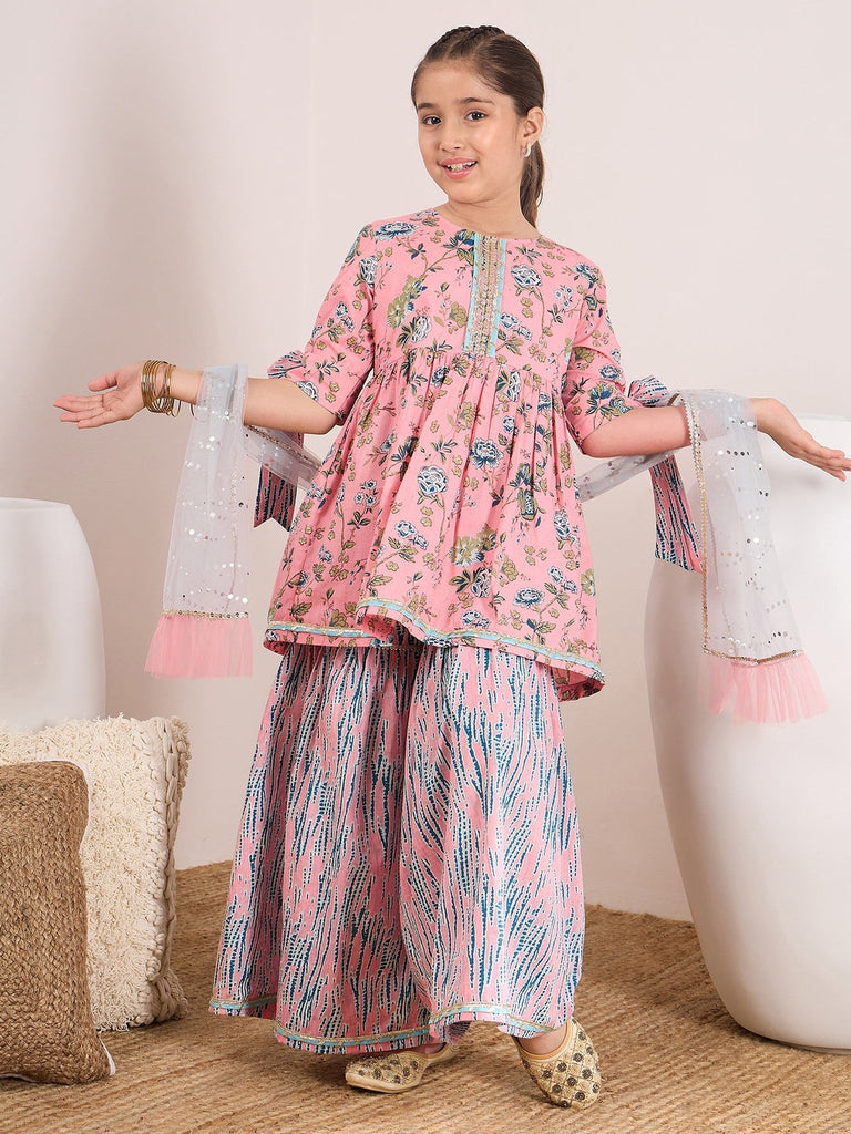 Girls Ethnic Motifs Printed Empire Kurta with Sharara & With Dupatta (SHA-PEACHTEALFLORAL)