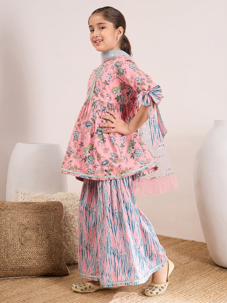 Girls Ethnic Motifs Printed Empire Kurta with Sharara & With Dupatta (SHA-PEACHTEALFLORAL)