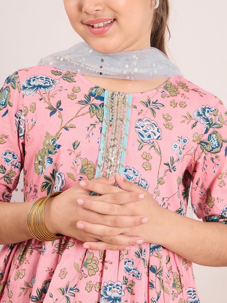 Girls Ethnic Motifs Printed Empire Kurta with Sharara & With Dupatta (SHA-PEACHTEALFLORAL)