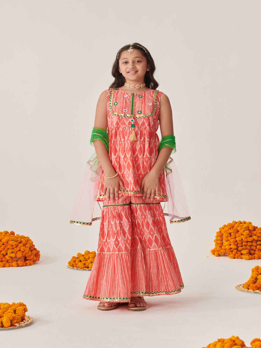 Girls Ethnic Motifs Embroidered Regular Mirror Work Kurta With Sharara With Dupatta (SHA-PEACHWTSTRIPE)