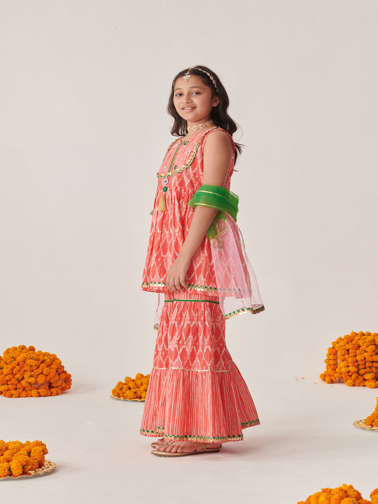 Girls Ethnic Motifs Embroidered Regular Mirror Work Kurta With Sharara With Dupatta (SHA-PEACHWTSTRIPE)