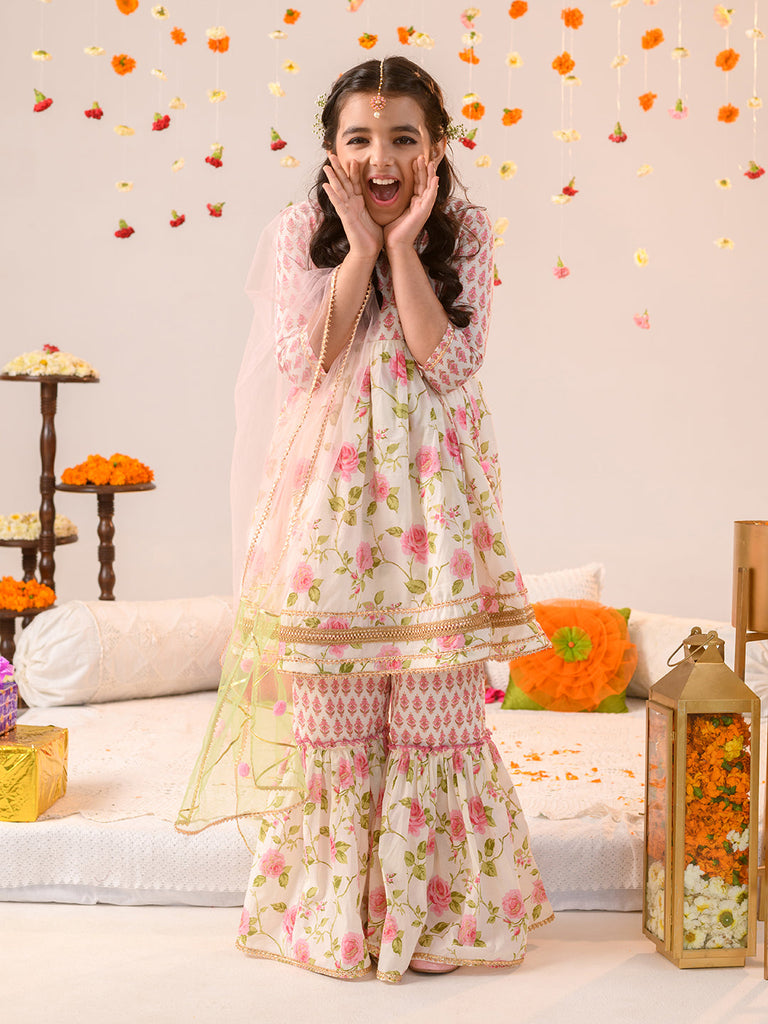 Girls Floral Printed Angrakha Pure Cotton A-Line Kurta With Sharara Dupatta (SHA-PINKOFFWHITE)