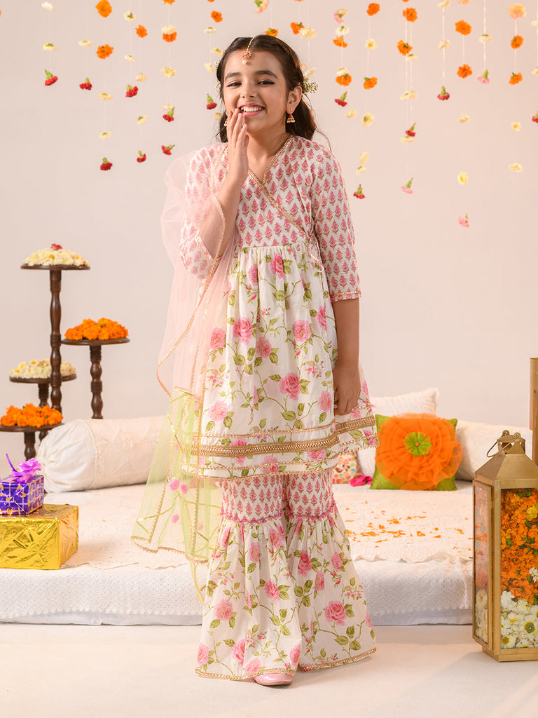 Girls Floral Printed Angrakha Pure Cotton A-Line Kurta With Sharara Dupatta (SHA-PINKOFFWHITE)