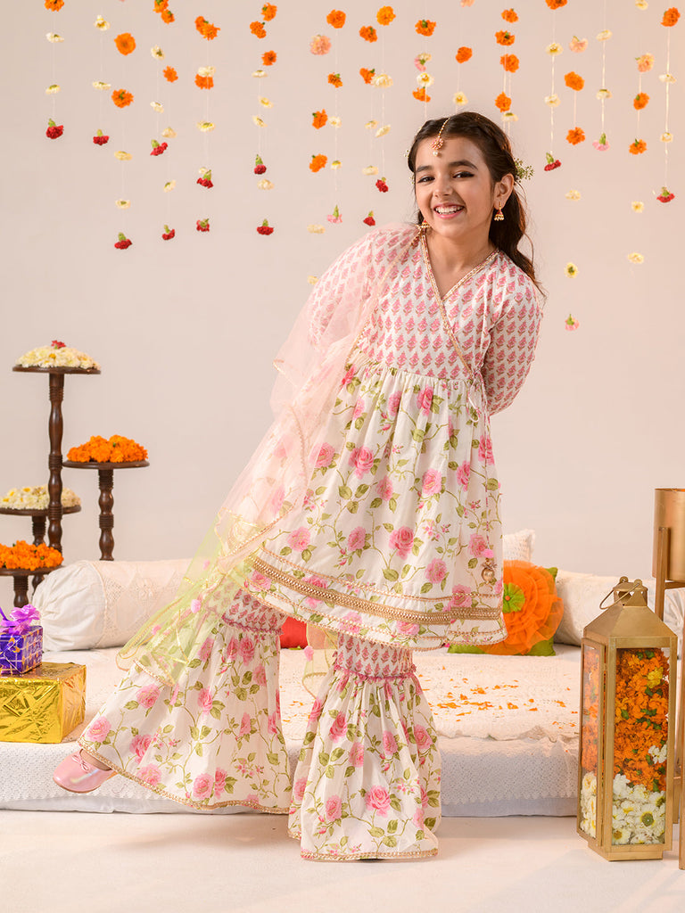 Girls Floral Printed Angrakha Pure Cotton A-Line Kurta With Sharara Dupatta (SHA-PINKOFFWHITE)