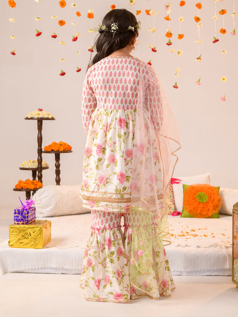 Girls Floral Printed Angrakha Pure Cotton A-Line Kurta With Sharara Dupatta (SHA-PINKOFFWHITE)