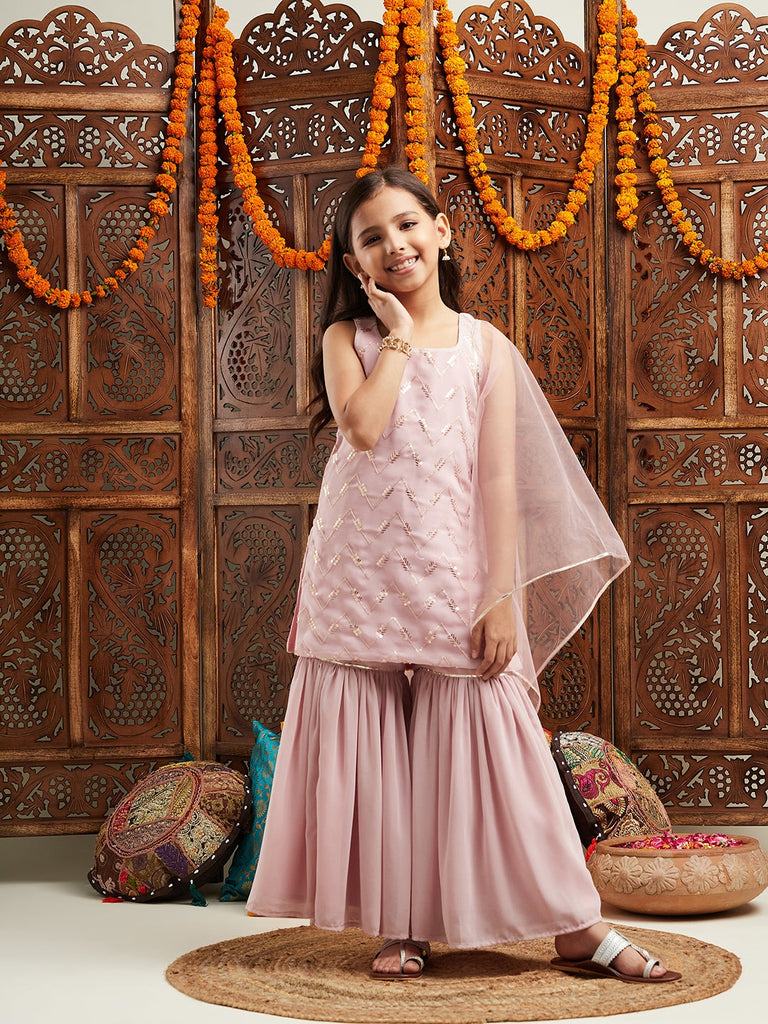 Pspeaches Girls Embroidered Regular Sequinned Kurta With Sharara & With Dupatta (SHA-PINKSEQ)