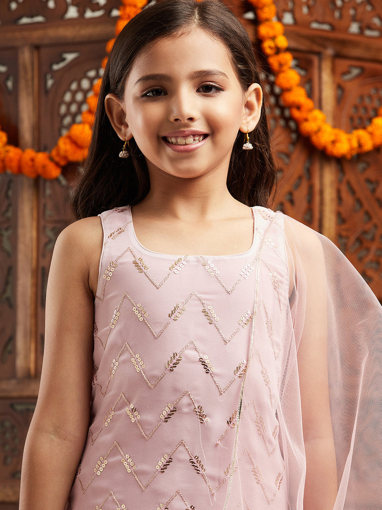 Pspeaches Girls Embroidered Regular Sequinned Kurta With Sharara & With Dupatta (SHA-PINKSEQ)