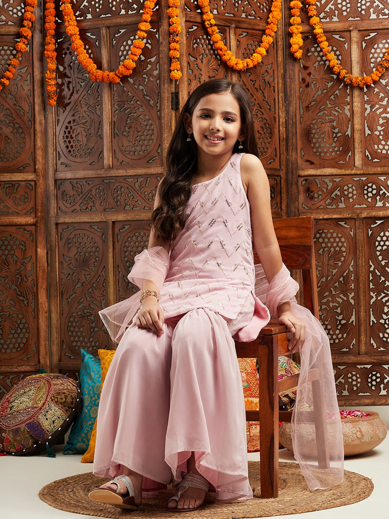 Pspeaches Girls Embroidered Regular Sequinned Kurta With Sharara & With Dupatta (SHA-PINKSEQ)