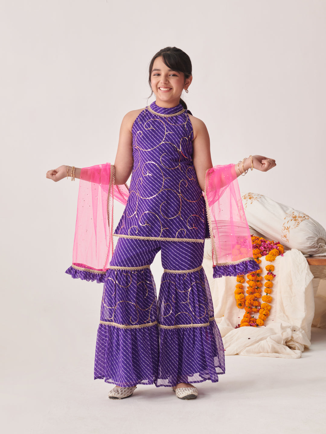 Girls Floral Printed Angrakha Kurta With Sharara & With Dupatta (SHA-PURPLELEHERIYASEQ)