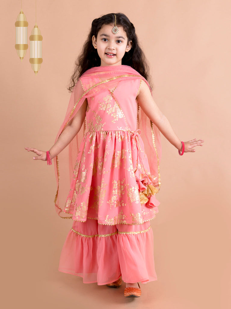 Girls Ethnic Motifs Printed Empire Kurta with Churidar & With Dupatta (sha-peachfoil)