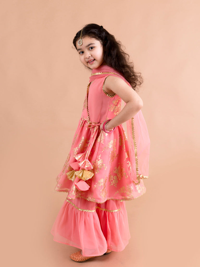 Girls Ethnic Motifs Printed Empire Kurta with Churidar & With Dupatta (sha-peachfoil)