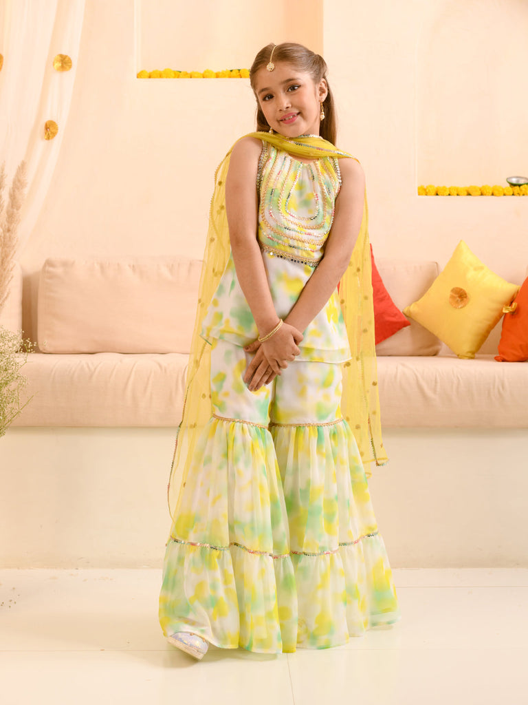 Girls Abstract Printed Sequinned Regular A-Line Kurta & Sharara With Dupatta (SHA-WTGREENMULTI)